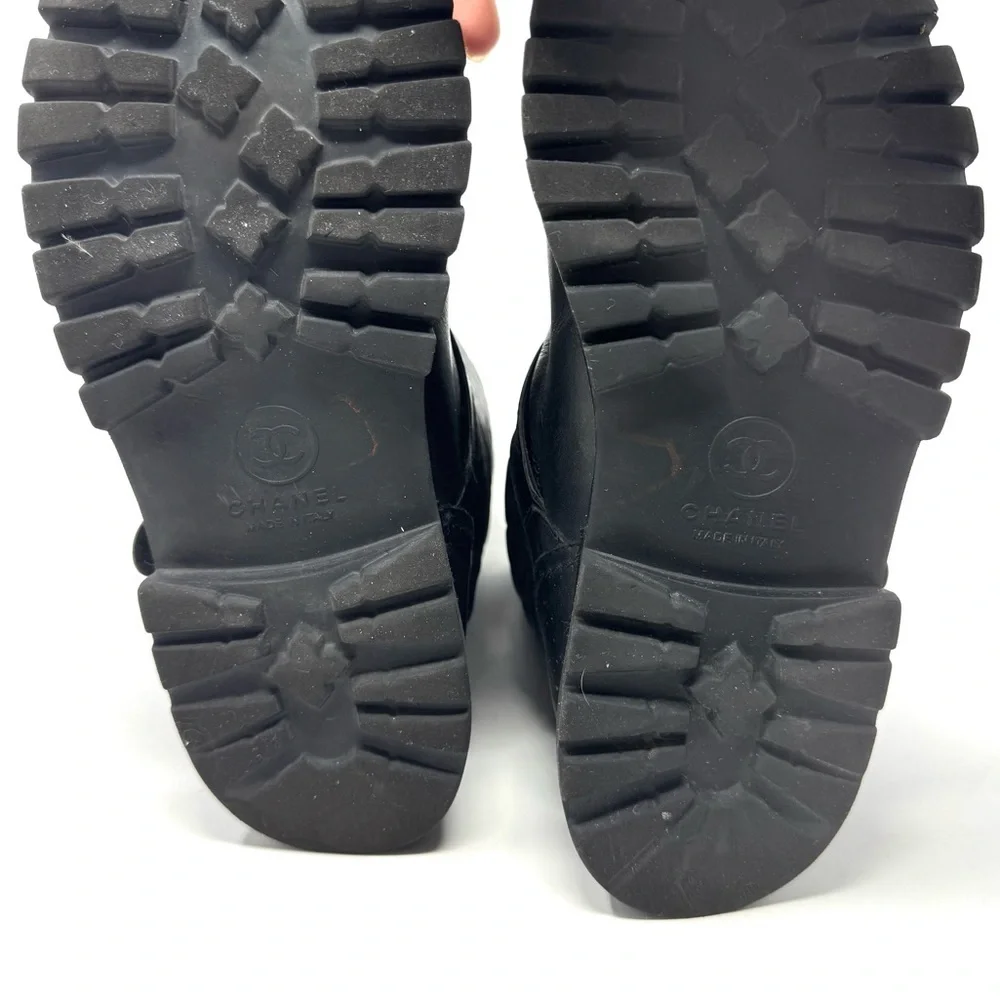 Chanel Black Quilted Calfskin Leather Biker Boots – CC Logo Moto Style (Sz 38.5)